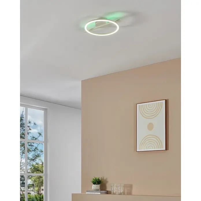 Eglo LED-Deckenleuchte Amandolo - 17 W, L x B x H: 40 x 30 x 6,5 cm, Weiß, Neutralweiß - Moderne weiße runde LED-Deckenleuchte, an der Decke montiert und grünes Licht nach oben projizierend.