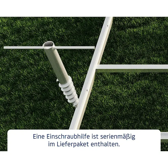 EcoStar Schraubfundament Typ 1 - Passend für: EcoStar Gerätehaus Euroline Trend - Hellgraue Einschraubhilfe mit Griffstange, teilweise in den Boden geschraubt, neben einem weißen Rahmen.