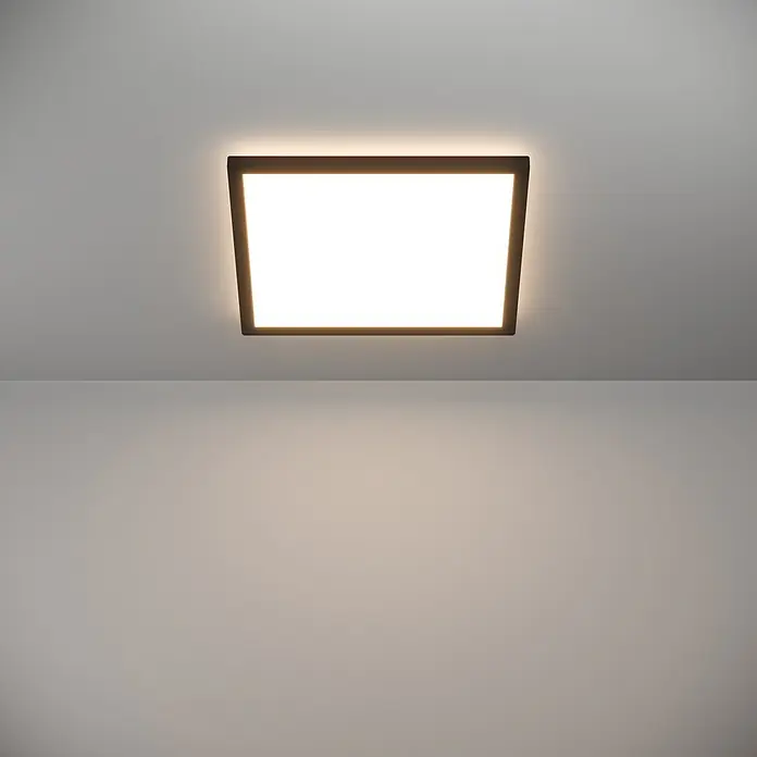 Eglo LED-Deckenleuchte Rovito-R - 17,6 W, L x B x H: 39 x 39 x 3 cm, Schwarz, Warmweiß - Eine moderne, quadratische Deckenleuchte mit warmweißem Licht und dunklem Rahmen, die eine angenehme Atmosphäre schafft.