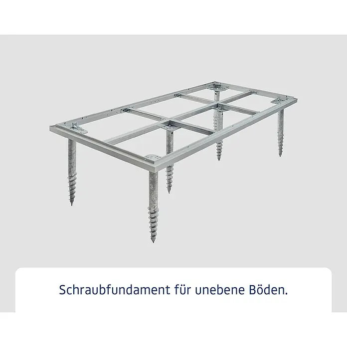 EcoStar Schraubfundament Typ 1 - Passend für: EcoStar Gerätehaus Euroline Trend - Schraubfundament aus verzinktem Stahl mit rechteckigem Rahmen und mehreren Erdankern für unebene Böden.