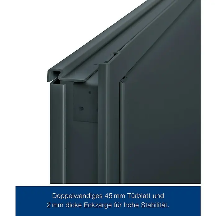 Hörmann Mehrzwecktür - 87,5 x 200 cm, DIN Anschlag: Links/Rechts, Anthrazitgrau - Detailaufnahme einer grauen, doppelwandigen Tür mit 45 mm Türblatt und 2 mm dicker Eckzarge für hohe Stabilität.