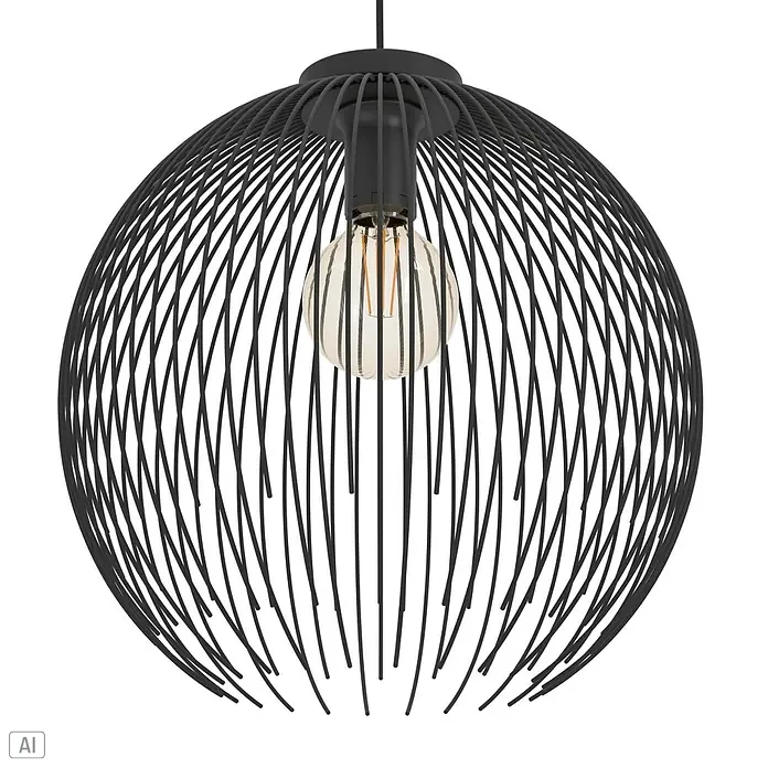 Eglo Venezuela Pendelleuchte rund - 40 W, Ø x H: 40 x 110 cm, Schwarz, Schwarz, E27 - Schwarze kugelförmige Drahtrahmen-Pendelleuchte mit sichtbarer Edison-LED-Glühbirne.
