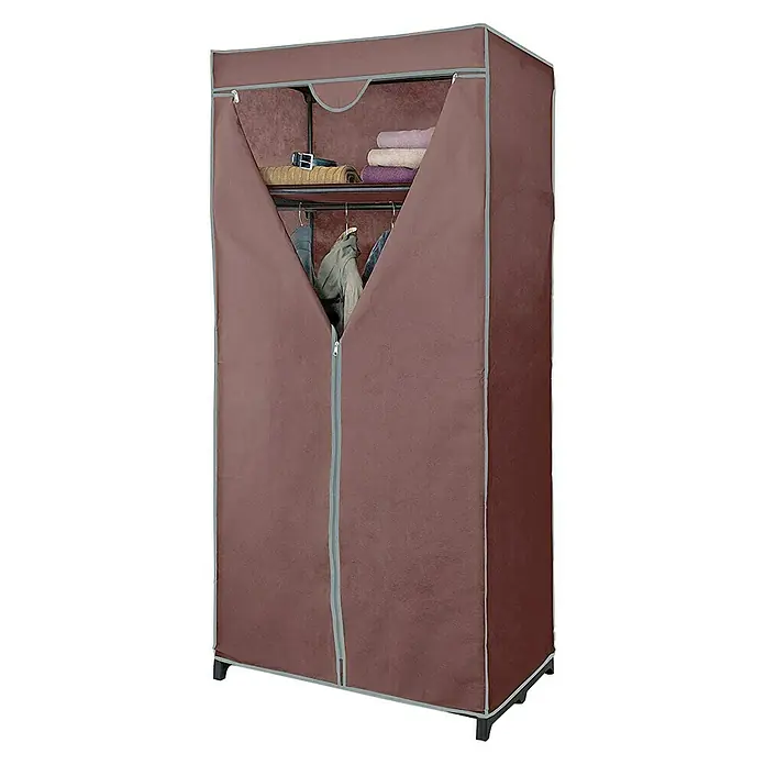 Armario de tela con barra y estante - L x An x Al: 75 x 50 x 160 cm, Marrón - Armario portátil con cubierta de tela marrón y apertura de cremallera para guardar ropa y accesorios de forma práctica.