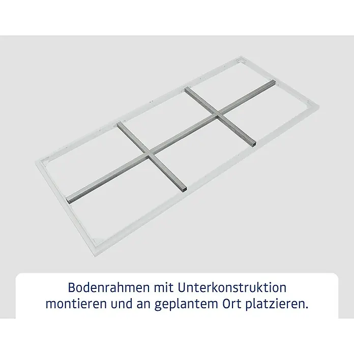 EcoStar Schraubfundament Typ 1 - Passend für: EcoStar Gerätehaus Euroline Trend - Weißer rechteckiger Bodenrahmen mit grauer metallischer Kreuzunterkonstruktion.