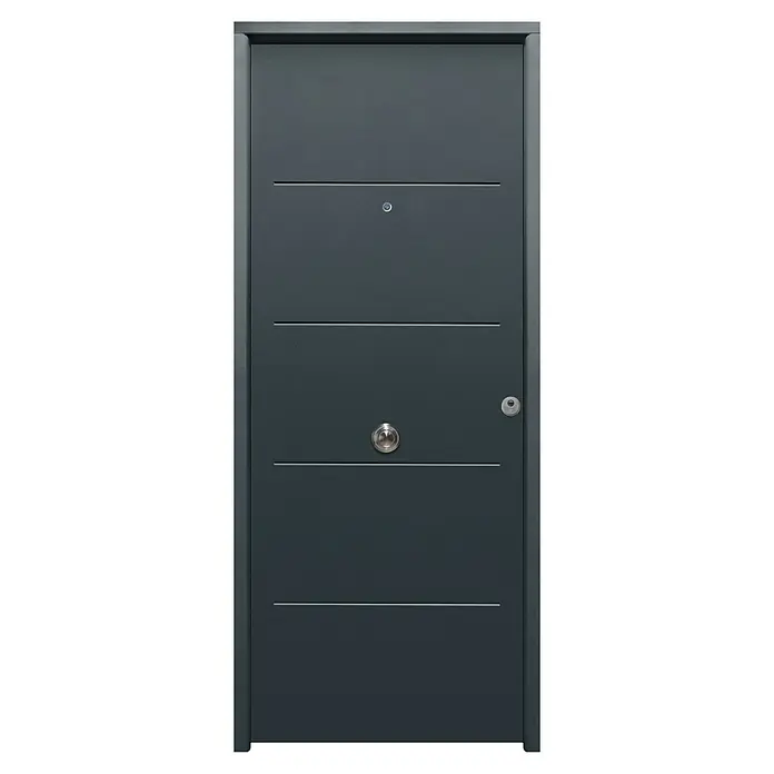 THT Puerta de entrada exterior Saga 100 - Izquierda, 90 x 210 cm, Antracita - Moderna puerta de entrada antracita con líneas horizontales y accesorios plateados para una elegante zona de entrada.