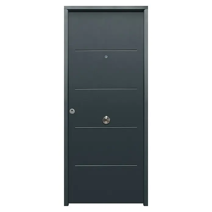 THT Puerta de entrada exterior Saga 100 - Derecha, 90 x 210 cm, Antracita - Moderna puerta principal gris con líneas horizontales, mirilla y pomo, asegurando estilo y seguridad para cualquier hogar.
