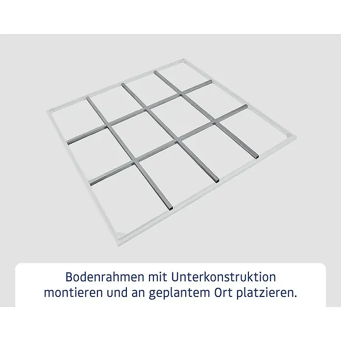 EcoStar Schraubfundament Typ 2 - Passend für: EcoStar Gerätehaus Euroline Trend - Weißer Bodenrahmen mit gitterförmiger Metall-Unterkonstruktion.