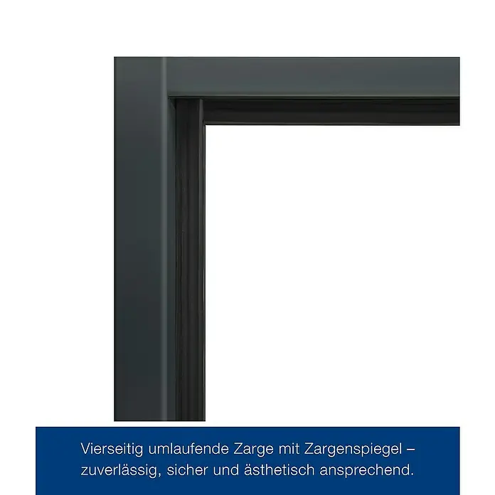 Hörmann Mehrzwecktür - 87,5 x 200 cm, DIN Anschlag: Links/Rechts, Anthrazitgrau - Detailansicht eines Türrahmens mit umlaufender Zarge und Zargenspiegel, der zuverlässig, sicher und ästhetisch ansprechend ist.