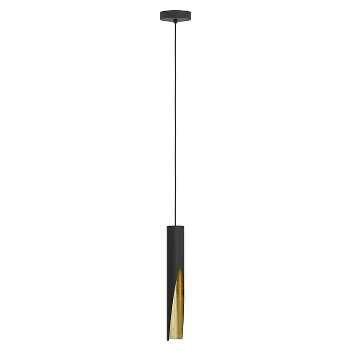 Eglo LED-Pendelleuchte Barbotto - 4,5 W, L x B x H: 92,5 x 6 x 110 cm, Schwarz, Warmweiß, Anzahl Leuchtmittel: 1 Stk. - Eine moderne schwarze zylindrische Pendelleuchte mit goldfarbener Innenseite, aufgehängt an einem schwarzen Kabel von einer Deckenrosette.