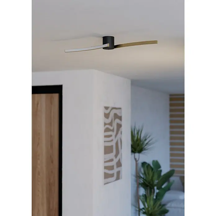 Eglo Plafón LED Aieta - 12 W, L x An x Al: 7 x 13 x 8 cm, Negro, Blanco neutro - Lámpara de techo moderna con base negra y dos brazos curvados en oro y blanco, creando un ambiente elegante.
