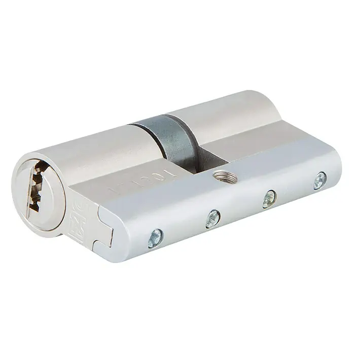 FAC Cilindro de perfil níquel satinado - Longitud total interior: 40 mm, Longitud total exterior: 40 mm, Número de llaves: 5 ud. - En la imagen se muestra un cilindro de puerta plateado, un componente esencial para la seguridad en cualquier hogar u oficina.