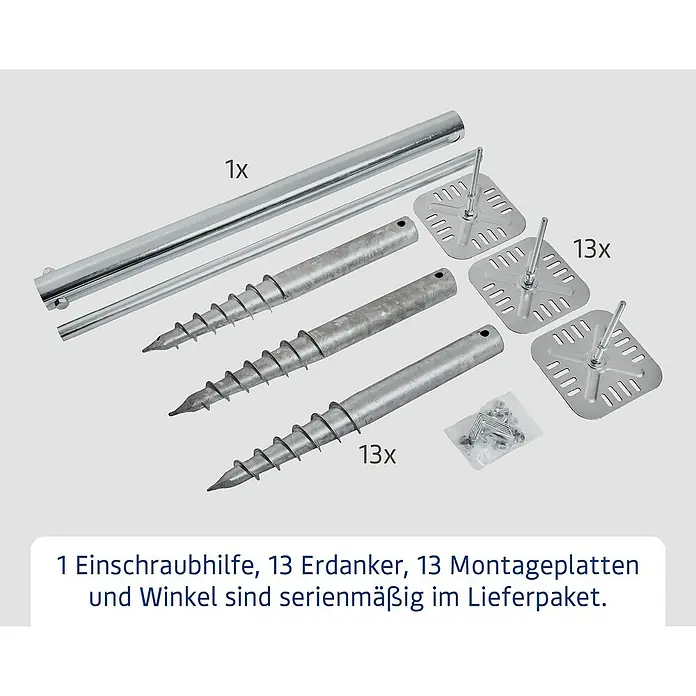 EcoStar Schraubfundament Typ 3 - Passend für: EcoStar Gerätehaus Euroline Trend - Set aus 13 verzinkten Einschraub-Erdankern, 13 quadratischen Montageplatten, Einschraubhilfe und Winkeln/Schrauben.