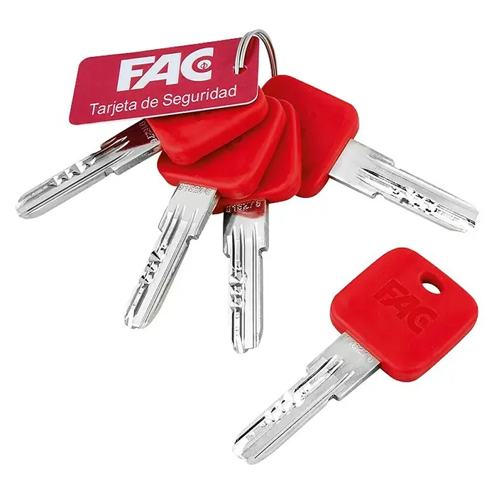 FAC Cilindro de perfil latón dorado - Longitud total interior: 35 mm, Longitud total exterior: 35 mm, Número de llaves: 5 ud. - Juego de llaves con etiqueta FAC roja y una llave FAC individual, enfatizando la seguridad. Ideal para proteger tu propiedad.