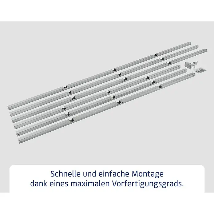 EcoStar Schraubfundament Typ 3 - Passend für: EcoStar Gerätehaus Euroline Trend - Silberne Metallprofile und Befestigungsmaterial für schnelle, einfache Montage durch hohen Vorfertigungsgrad.
