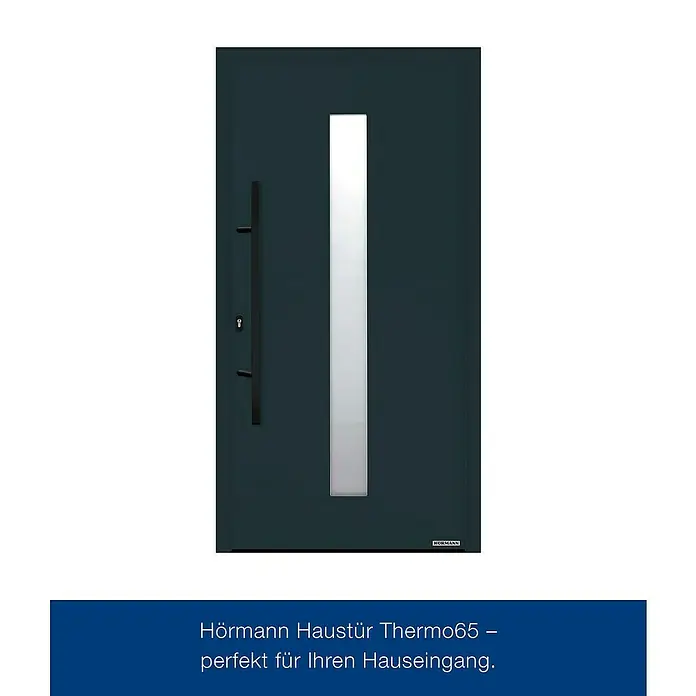 Hörmann EcoStar Haustür THP 610S A3 - 110 x 210 cm, DIN Anschlag: Links, Anthrazitgrau - Hörmann Haustür Thermo65 in Anthrazit mit vertikalem Milchglaseinsatz und schwarzem Stangengriff.