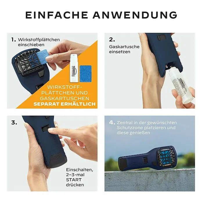 Thermacell Stechmückenschutz Handgerät ohne Wirkstoff - 105 x 105 x 235 mm - Dunkelblaues Thermacell-Mückenschutzgerät in Gebrauch: Matten und Gaskartusche einsetzen, einschalten und platzieren.