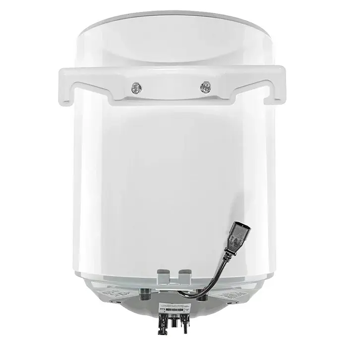 Boiler Solar-Hybrid - 29 l - Weißer zylindrischer Warmwasserbereiter mit oberer Halterung und unteren Elektro-/Wasseranschlüssen.