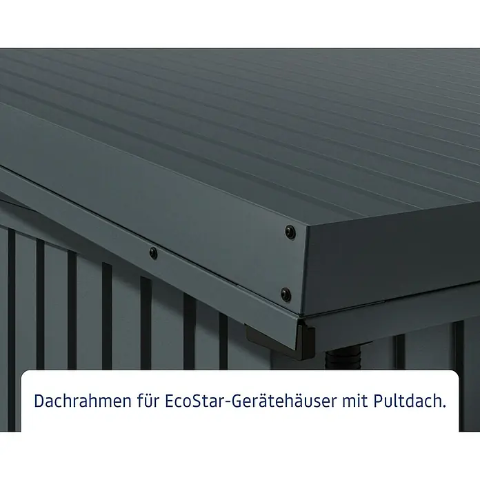 EcoStar Dachrahmen - Passend für: EcoStar Gerätehaus Typ 1, Schwarz - Dunkelgrauer Wellblech-Pultdachrahmen für EcoStar Gerätehäuser, zeigt Platten und Befestigungspunkte.