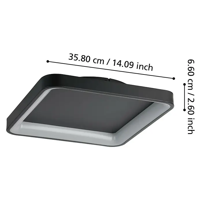 Eglo LED-Deckenleuchte Loretello - 12 W, L x B x H: 35 x 35 x 7,5 cm, Schwarz, Warmweiß - Abbildung einer quadratischen LED-Deckenleuchte in Schwarz mit den Maßen 35,80 cm x 6,60 cm für den Innenbereich.