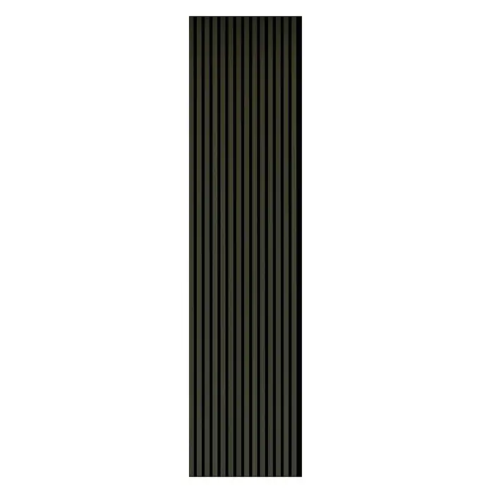 FN Neuhofer Akustikpaneel Aluminium Eloxiert - Bronze, L x B x S: 2.400 x 565 x 19 mm - Dieses Bild zeigt eine moderne Wandverkleidung aus dunklen Holzlatten, die eine stilvolle und elegante Optik erzeugt.