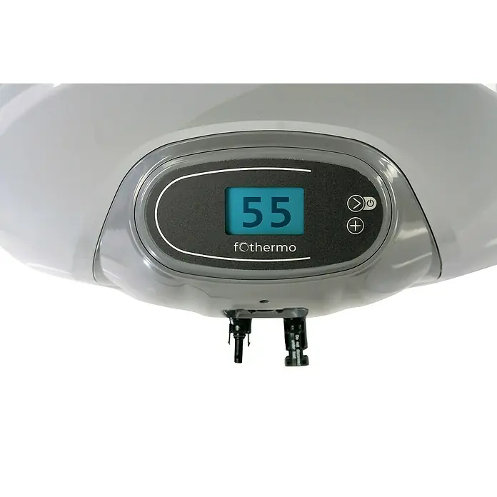 Boiler Solar - 29 l - Hellgrauer Warmwasserbereiter mit dunkelgrauem Bedienfeld, blauem Digitaldisplay (Anzeige 55) und zwei schwarzen Anschlüssen.