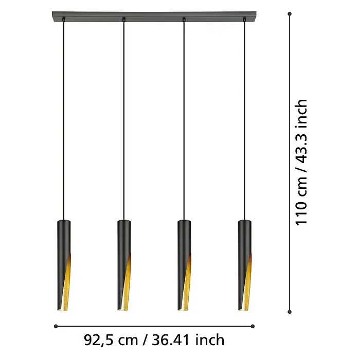 Eglo LED-Pendelleuchte Barbotto - 4,5 W, L x B x H: 92,5 x 6 x 110 cm, Schwarz, Warmweiß, Anzahl Leuchtmittel: 4 Stk. - Vier schwarze zylindrische Pendelleuchten mit goldenem Innenleben hängen an einer rechteckigen schwarzen Deckenhalterung. Gesamthöhe 110cm, Breite 92,5cm.