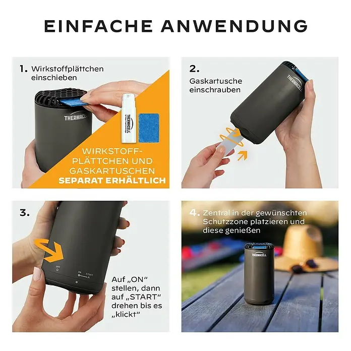Thermacell Stechmückenschutz Gerät Protect ohne Wirkstoff - Graphit - Dunkelgraues Thermacell Mückenschutzgerät in vier Schritten gezeigt: Plättchen einlegen, Gaskartusche eindrehen, einschalten und platzieren.