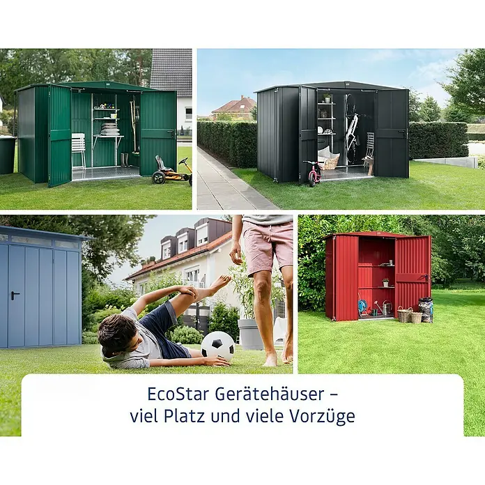 EcoStar Laubabdeckung Typ 1/2 - Passend für: EcoStar Gerätehaus Euroline Trend, Grün - EcoStar Gerätehäuser in Grün, Grau, Rot und Blau, bieten geräumigen und vielseitigen Stauraum für Gartenwerkzeuge und -ausrüstung.