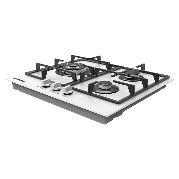 Corberó Placa de cocción CPCGM3F3122W - L x An: 51 x 60 cm, Número de quemadores de gas: 3 ud. - Encimera de gas blanca con parrillas negras, cuatro quemadores y mandos plateados frontales.