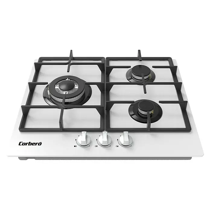 Corberó Placa de cocción CPCGM3F3122W - L x An: 51 x 60 cm, Número de quemadores de gas: 3 ud. - Placa de gas blanca con tres quemadores y parrillas negras, incluyendo un quemador wok grande y tres mandos.