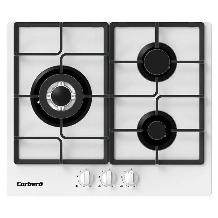 Corberó Placa de cocción CPCGM3F3122W - L x An: 51 x 60 cm, Número de quemadores de gas: 3 ud. - Encimera de gas blanca con tres quemadores negros (uno grande, dos pequeños), parrillas negras y tres mandos de control blancos frontales.