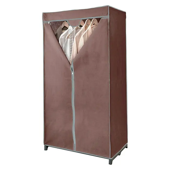 Armario de tela - L x An x Al: 75 x 50 x 145 cm, Marrón - Armario portátil marrón con cremallera y ropa dentro, ideal para organizar la ropa.