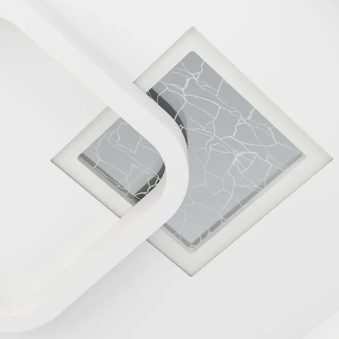Eglo LED-Deckenleuchte Tiriolo - 16,2 W, L x B x H: 38 x 38 x 6 cm, Neutralweiß - Abstraktes weißes Architekturelement mit geschwungenen Formen, das ein graues Quadrat mit Rissmuster kreuzt.