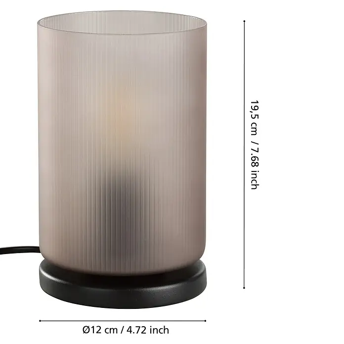 Eglo LED-Tischleuchte Colomera - 40 W, Schwarz, Ø x H: 12 x 19,5 cm - Zylindrische Tischleuchte mit geripptem, mattem hellgrauem Glasschirm und schwarzem Sockel. 19,5 cm H, 12 cm Ø.