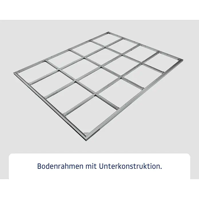 EcoStar Schraubfundament Typ 3 - Passend für: EcoStar Gerätehaus Euroline Trend - Silberner Metall-Bodenrahmen mit integrierter Unterkonstruktion.