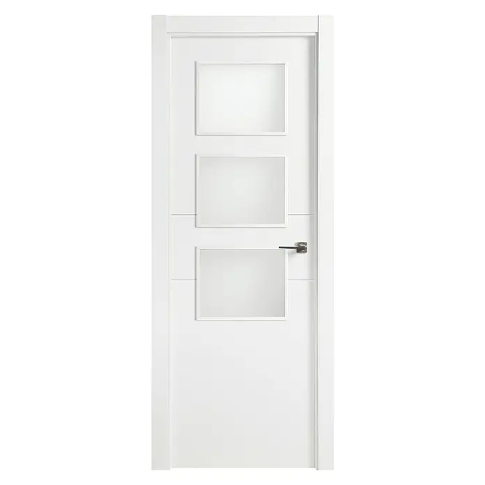 Solid Elements Puerta acristalada Múnich - 72,5 x 203 cm, Izquierda, Blanco - Una moderna puerta interior blanca con tres inserciones de vidrio cuadradas y un tirador elegante.