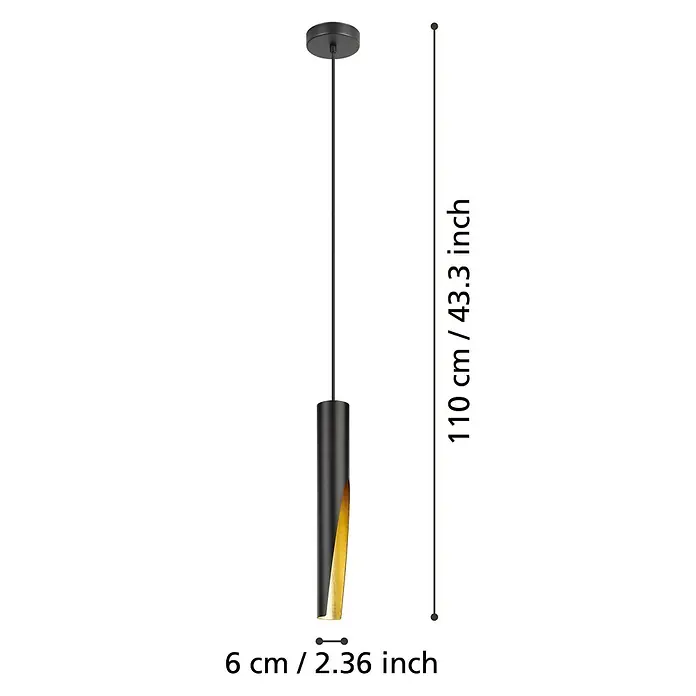 Eglo LED-Pendelleuchte Barbotto - 4,5 W, L x B x H: 92,5 x 6 x 110 cm, Schwarz, Warmweiß, Anzahl Leuchtmittel: 1 Stk. - Schwarze zylindrische Pendelleuchte mit goldener Innenseite, 110 cm Gesamthöhe und 6 cm Durchmesser. Mit Deckenrosette.