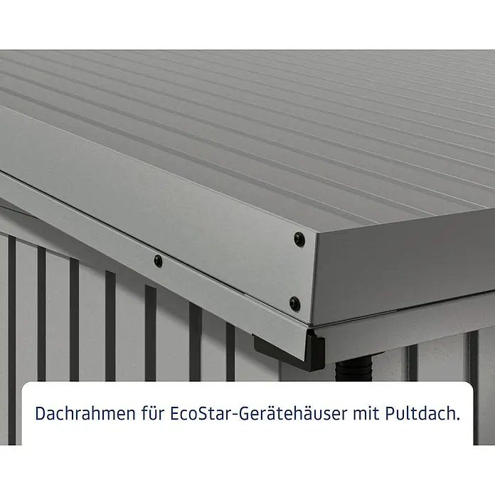 EcoStar Dachrahmen - Passend für: EcoStar Gerätehaus Typ 1, Grau - Nahaufnahme eines grauen, geriffelten Metall-Dachrahmens für ein EcoStar-Pultdach-Gerätehaus, mit Befestigungen.