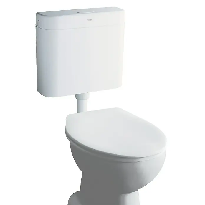 Grohe Spülkasten - Spülmenge: 6 l - 9 l, 1-Mengen-Spülung, Polystyrol, Weiß - Das Bild zeigt eine Grohe Toilettenschüssel mit Spülkasten in strahlendem Weiß, die eine moderne und hygienische Badezimmerausstattung darstellt.