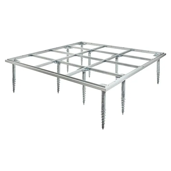EcoStar Schraubfundament Typ 2 - Passend für: EcoStar Gerätehaus Euroline Trend - Metallrahmenstruktur auf Pfählen. Das Produkt ist ein stabiles Fundament für verschiedene Bauprojekte.