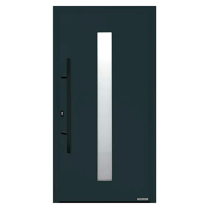 Hörmann EcoStar Haustür THP 610S A3 - 110 x 210 cm, DIN Anschlag: Links, Anthrazitgrau - Moderne anthrazitfarbene Haustür mit vertikalem Milchglaseinsatz und schwarzem Stangengriff.