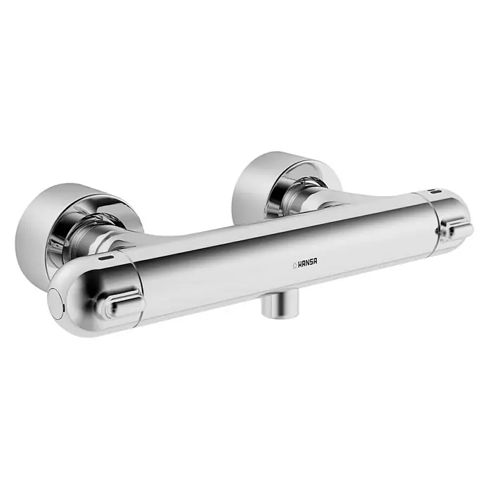 Hansa Brausethermostat Care - Chrom, Glänzend - Nahaufnahme eines verchromten HANSA Duschthermostats mit horizontaler Ausrichtung und sichtbaren Armaturen.