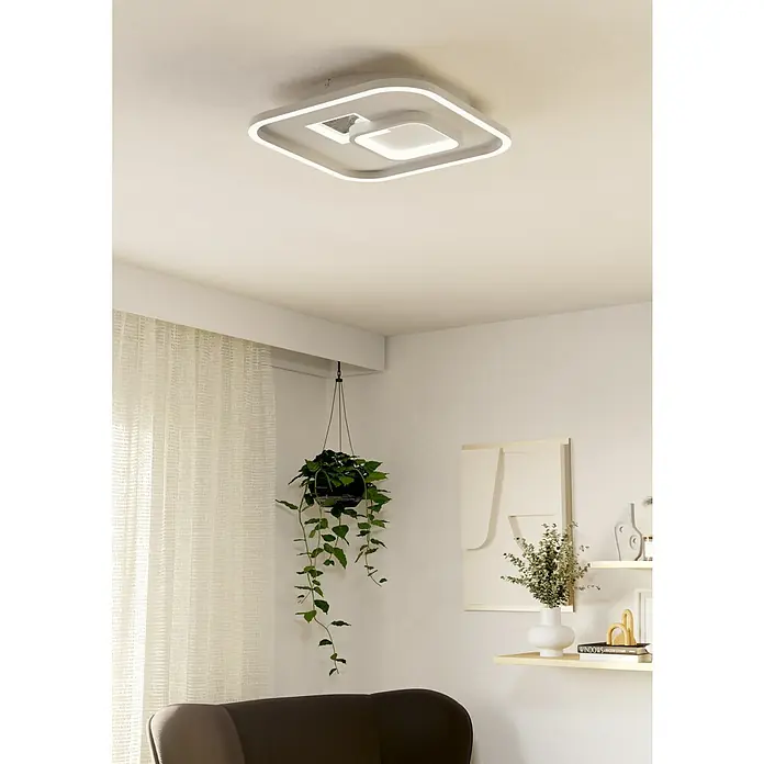 Eglo LED-Deckenleuchte Tiriolo - 16,2 W, L x B x H: 38 x 38 x 6 cm, Neutralweiß - Moderne weiße quadratische LED-Deckenleuchte mit abgerundeten Ecken und dualer Lichtquelle, an einer Decke installiert.
