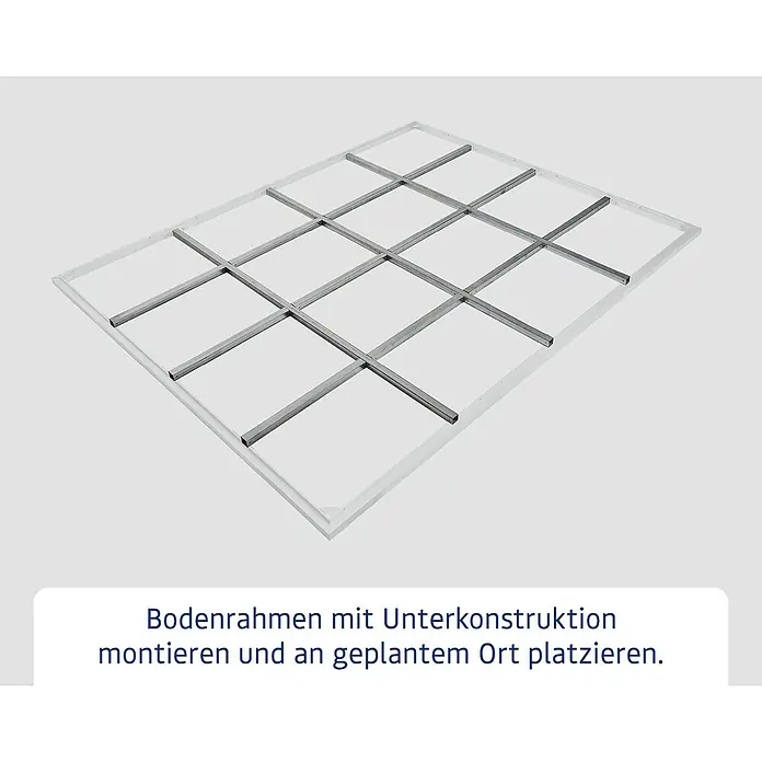 EcoStar Schraubfundament Typ 3 - Passend für: EcoStar Gerätehaus Euroline Trend - Weißer Bodenrahmen mit einer gitterförmigen Unterkonstruktion aus silbernem Metall.