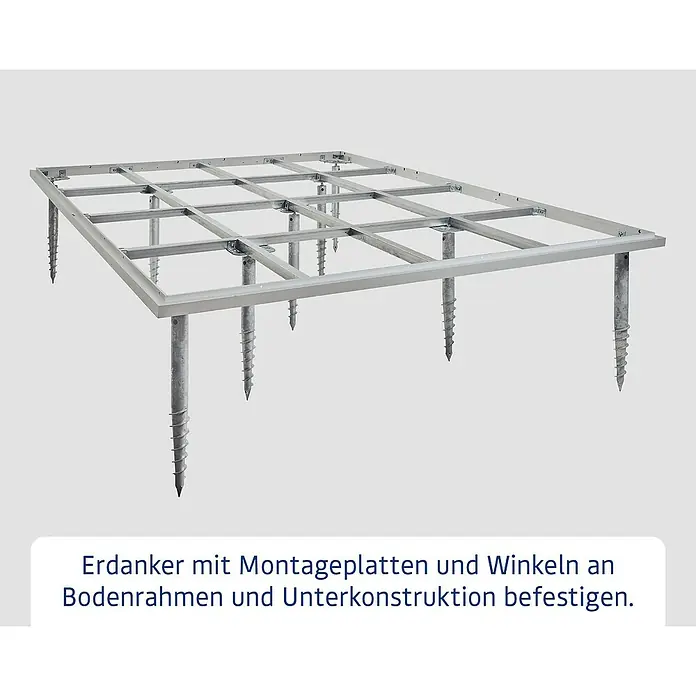 EcoStar Schraubfundament Typ 3 - Passend für: EcoStar Gerätehaus Euroline Trend - Verzinktes Metallgestell mit Erdankern, Montageplatten und Winkeln, das eine Unterkonstruktion bildet.