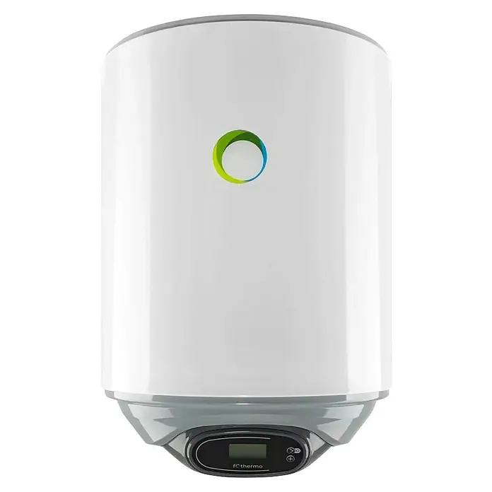 Boiler Solar-Hybrid - 29 l - Weißer Warmwasserbereiter mit grünem und blauem Logo und einem grauen Sockel mit Digitalanzeige.