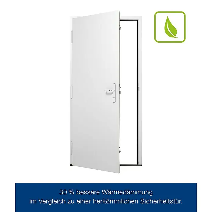 Hörmann Stahlschutztür KSI Thermo46 RC2 - 87,5 x 200 cm, DIN Anschlag: Links, Verkehrsweiß - Weiße Sicherheitstür, leicht geöffnet, mit silbernem Griff und grünem Blattsymbol. Bietet 30 % bessere Wärmedämmung.