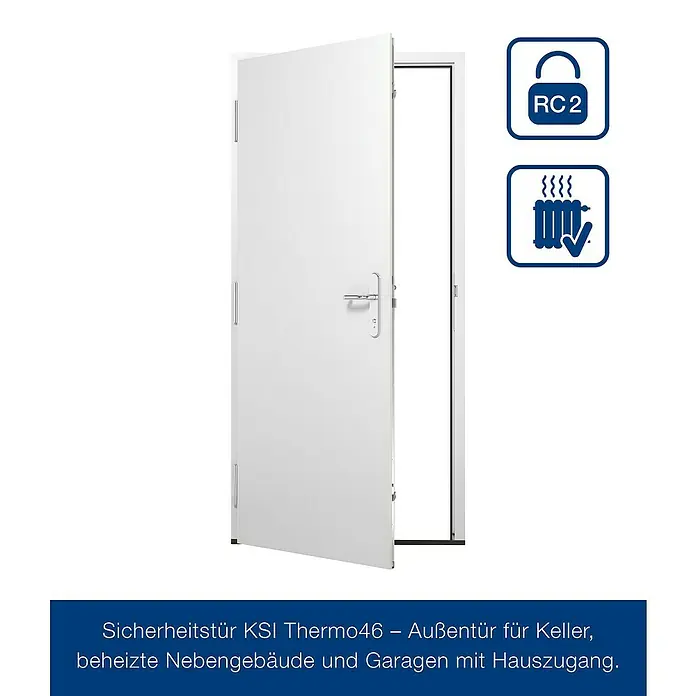 Hörmann Stahlschutztür KSI Thermo46 RC2 - 87,5 x 200 cm, DIN Anschlag: Links, Verkehrsweiß - Weiße Sicherheitstür, teilweise geöffnet, mit RC2-Sicherheit und Wärmedämmung-Symbolen. Ideal für Keller oder beheizte Nebengebäude.
