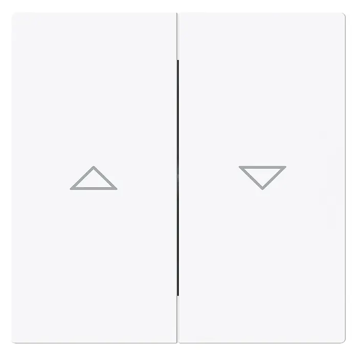 Busch-Jaeger Art Linear Jalousiewippe 1785 JA-44G - Studioweiß, Kunststoff, Unterputzmontage - Nahaufnahme eines weißen Lichtschalters mit Pfeilen, der ein modernes und minimalistisches Design für die Haussteuerung zeigt.