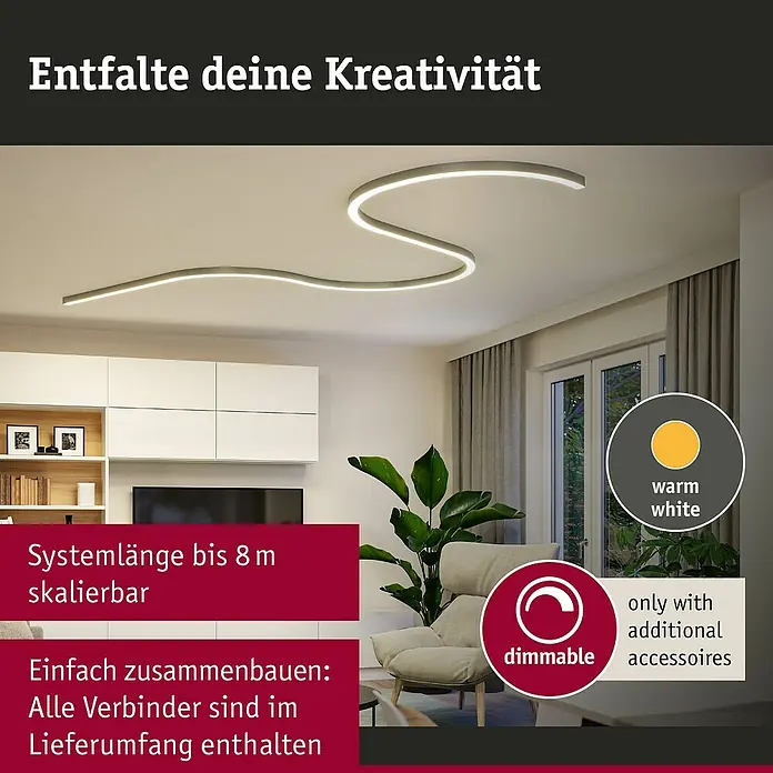Paulmann Linion Lichtkanal - Warmweiß, Chrom matt, L x B x H: 100 x 4 x 4 cm - Produktbild einer LED-Deckenleuchte mit der Aufschrift "Entfalte deine Kreativität", warmweißem Licht und dimmbar mit Zubehör.